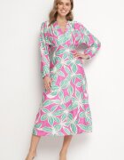 retro & icone Rochie Verde-Fuchsia Florală din Viscoză cu Decolteu Petrecut Selliora