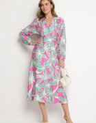 retro & icone Rochie Verde-Fuchsia Florală din Viscoză cu Decolteu Petrecut Selliora