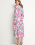 retro & icone Rochie Verde-Fuchsia Florală din Viscoză cu Decolteu Petrecut Selliora