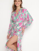 retro & icone Rochie Verde-Fuchsia Florală din Viscoză cu Decolteu Petrecut Selliora