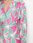 retro & icone Rochie Verde-Fuchsia Florală din Viscoză cu Decolteu Petrecut Selliora