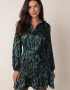 retro & icone Rochie Verde Tip Cămașă cu Curea Legată și Volane Magdalina