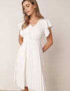  Rochie Albă Cloș Midi cu Tiv Plisat Sabara