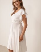  Rochie Albă Cloș Midi cu Tiv Plisat Sabara