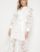  Rochie albă de dantelă cu curea în talie și volan Nicasta