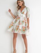  Rochie Albă Evazată Mini cu Imprimeu Floral cu Dantelă la Decolteu și Volane Daninia
