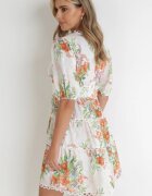  Rochie Albă Evazată Mini cu Imprimeu Floral cu Dantelă la Decolteu și Volane Daninia