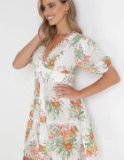  Rochie Albă Evazată Mini cu Imprimeu Floral cu Dantelă la Decolteu și Volane Daninia