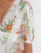  Rochie Albă Evazată Mini cu Imprimeu Floral cu Dantelă la Decolteu și Volane Daninia