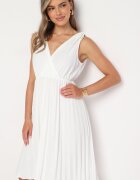  Rochie Albă Plisată din Bumbac și Viscoză cu Elastic în Talie și Decolteu Petrecut Karamla