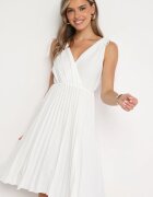 Rochie Albă Plisată din Bumbac și Viscoză cu Elastic în Talie și Decolteu Petrecut Karamla