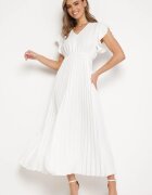  Rochie Albă Plisată Maxi Evazată cu Mâneci Lărgi Serahpine