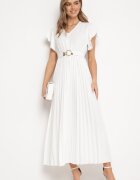 Rochie Albă Plisată Maxi Evazată cu Mâneci Lărgi Serahpine