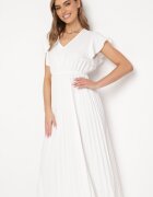  Rochie Albă Plisată Maxi Evazată cu Mâneci Lărgi Serahpine