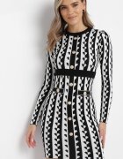  Rochie Albă Tricotată Mini cu Imprimeu Geometric Carlas