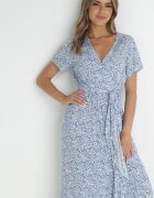  Rochie Albastră cu Croi Petrecut cu Volane și Curea Legată Dsson