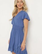  Rochie Albastră Din Bumbac Cu Elastice În Talie Cu Decolteu Tip Plic și Volănașe Lolana