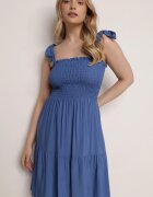  Rochie Albastră Evazată din Bumbac cu Elastic în Talie cu Bretele Gelfea