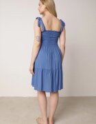  Rochie Albastră Evazată din Bumbac cu Elastic în Talie cu Bretele Gelfea