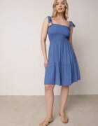  Rochie Albastră Evazată din Bumbac cu Elastic în Talie cu Bretele Gelfea
