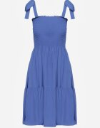  Rochie Albastră Evazată din Bumbac cu Elastic în Talie cu Bretele Gelfea