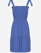  Rochie Albastră Evazată din Bumbac cu Elastic în Talie cu Bretele Gelfea