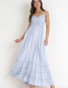  Rochie Albastră Maxi cu Bretele cu Inserții din Dantelă și Volane Lemera