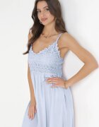  Rochie Albastră Maxi cu Bretele cu Inserții din Dantelă și Volane Lemera