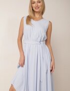  Rochie Albastru Deschis Evazată Midi Plisată cu Cordon din Material Varethia