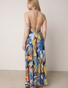  Rochie Albastru-Galbenă Evazată din Viscoză cu tăietură sub bust Legată la gât și spate Nividia