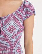  Rochie Albastru-Roz Viscoză cu croi evazat cu legătură la decolteu și elastic în talie Wicia