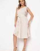  Rochie bej cloș midi plisată cu curea din material textil Varethia