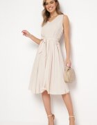 Rochie bej cloș midi plisată cu curea din material textil Varethia