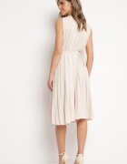  Rochie bej cloș midi plisată cu curea din material textil Varethia
