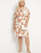  Rochie Bej cu Viscoză cu Model Abstract cu Centură Legată Ilanilia