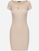  Rochie Bej de Bumbac Mini cu Decolteu Decorativ Grandria