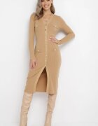  Rochie Bej Tricotată cu Nasturi Gricrana