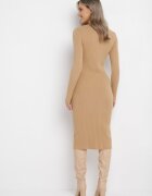  Rochie Bej Tricotată cu Nasturi Gricrana
