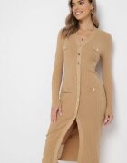  Rochie Bej Tricotată cu Nasturi Gricrana