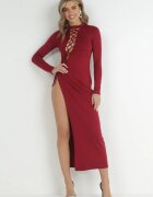  Rochie Bordeaux Mulată cu Legătură Asimetrică în Față Normi