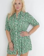  Rochie Cămașă Mini Verde cu Imprimeu Floral cu Curea din Material și Mâneci Ajustabile Isamone