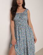  Rochie Evazată Albastră din Bumbac Cu elastic în Talie Nelaris