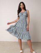  Rochie Evazată Albastră din Bumbac Cu elastic în Talie Nelaris
