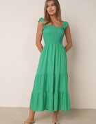  Rochie Evazată din Bumbac Verde cu Bretele Elastic și Volănaș Mevesta