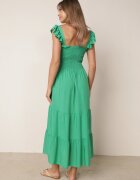  Rochie Evazată din Bumbac Verde cu Bretele Elastic și Volănaș Mevesta