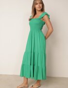  Rochie Evazată din Bumbac Verde cu Bretele Elastic și Volănaș Mevesta