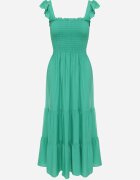  Rochie Evazată din Bumbac Verde cu Bretele Elastic și Volănaș Mevesta