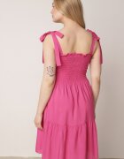  Rochie fucsia evazată din bumbac cu elastic în talie cu bretele Gelfea