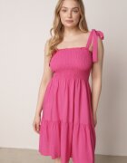  Rochie fucsia evazată din bumbac cu elastic în talie cu bretele Gelfea