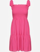  Rochie fucsia evazată din bumbac cu elastic în talie cu bretele Gelfea